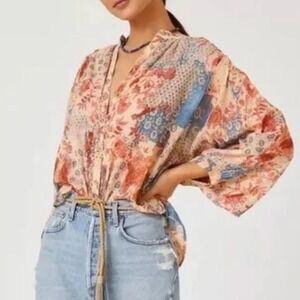 Pilcro Anthropologie Sidney Floral Print‎ Batwing Button Down Blouse, Multi,S